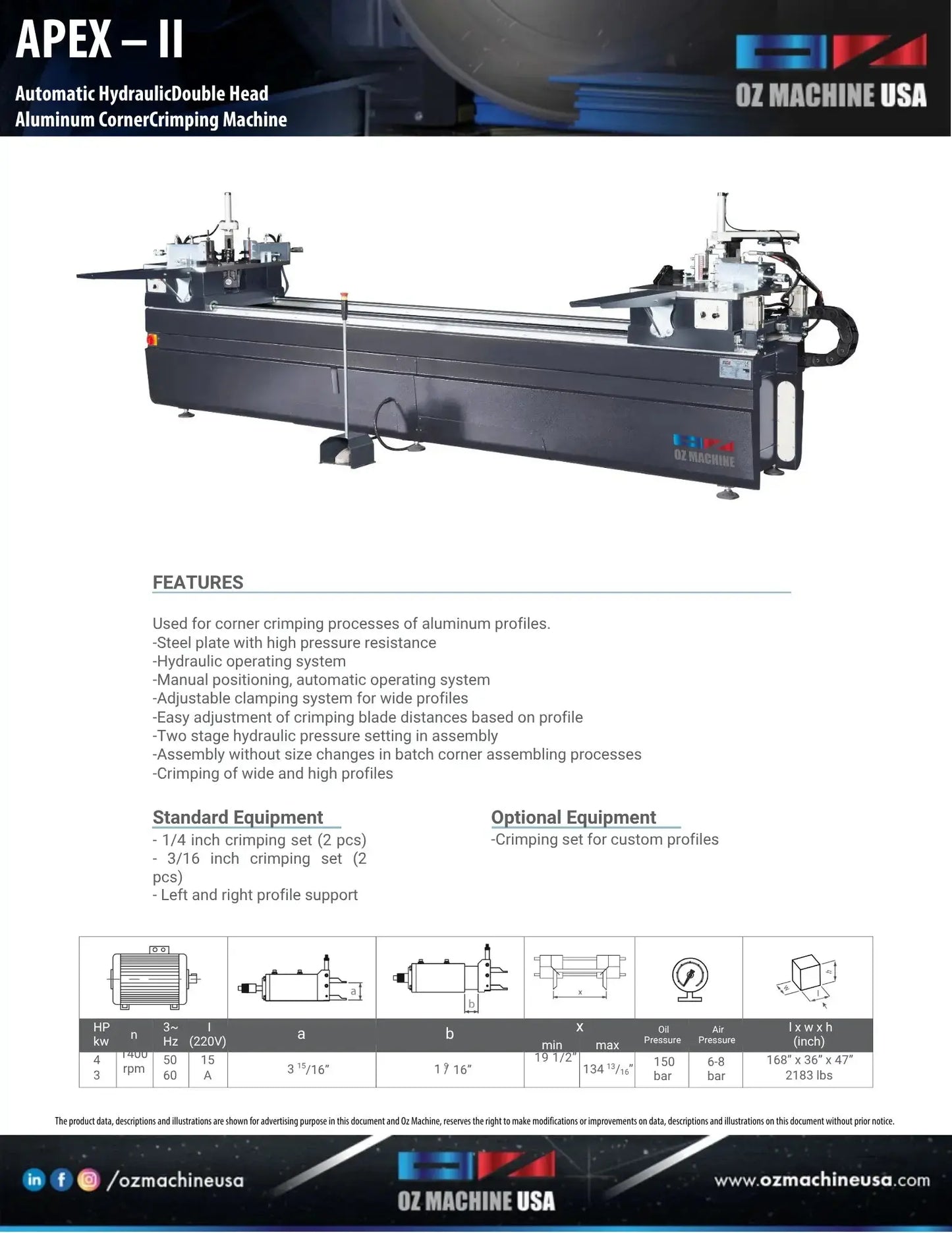 APEX II Double Head Aluminum Corner Crimping Machine OZ Machine USA