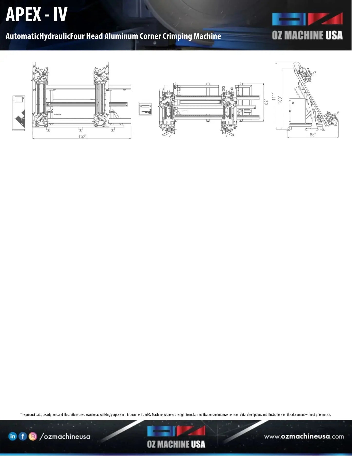 APEX IV Automatic Hydraulic Four Head Aluminum Corner Crimping Machine OZ Machine USA