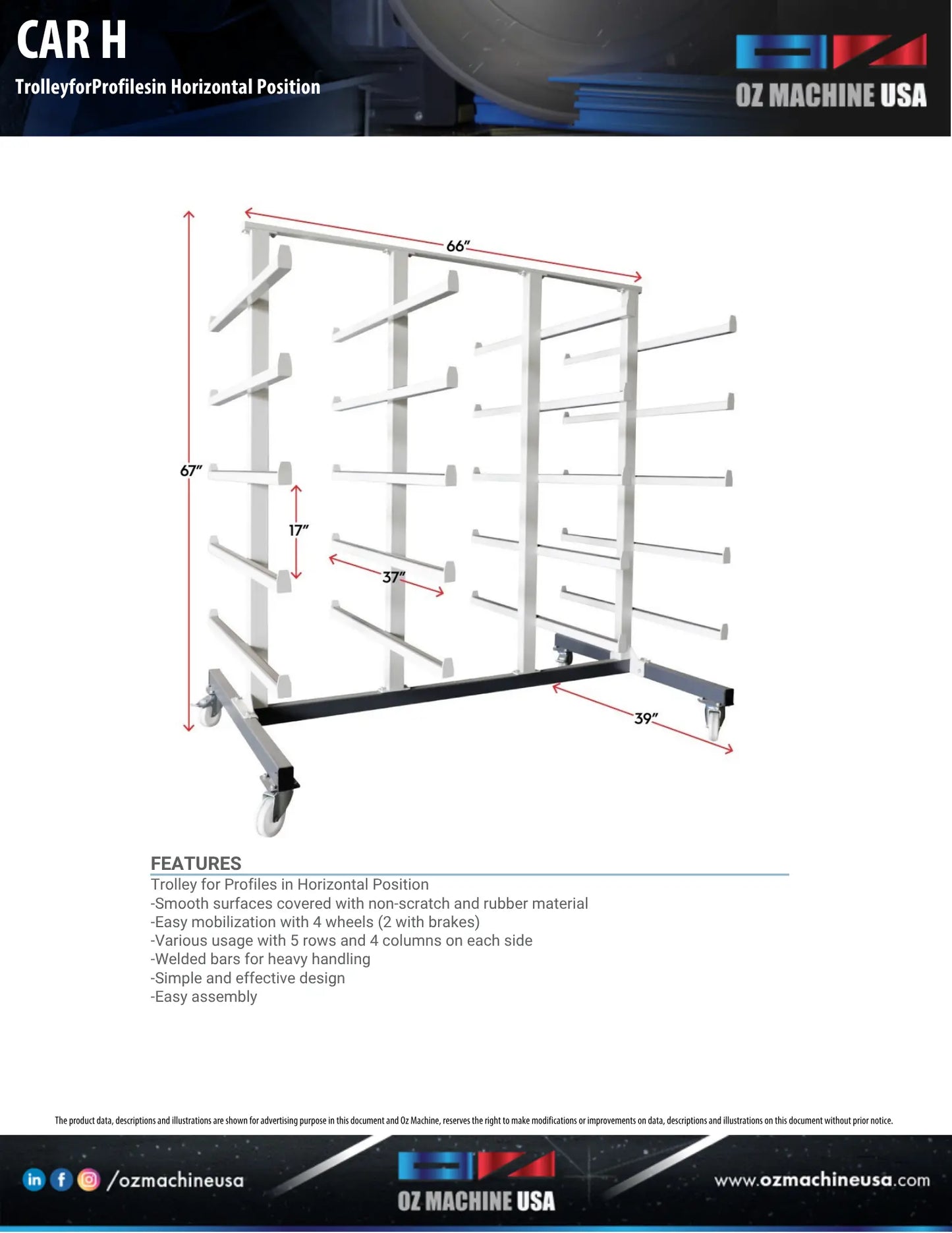 Cart H Cart for Profiles in Horizontal Position OZ Machine USA