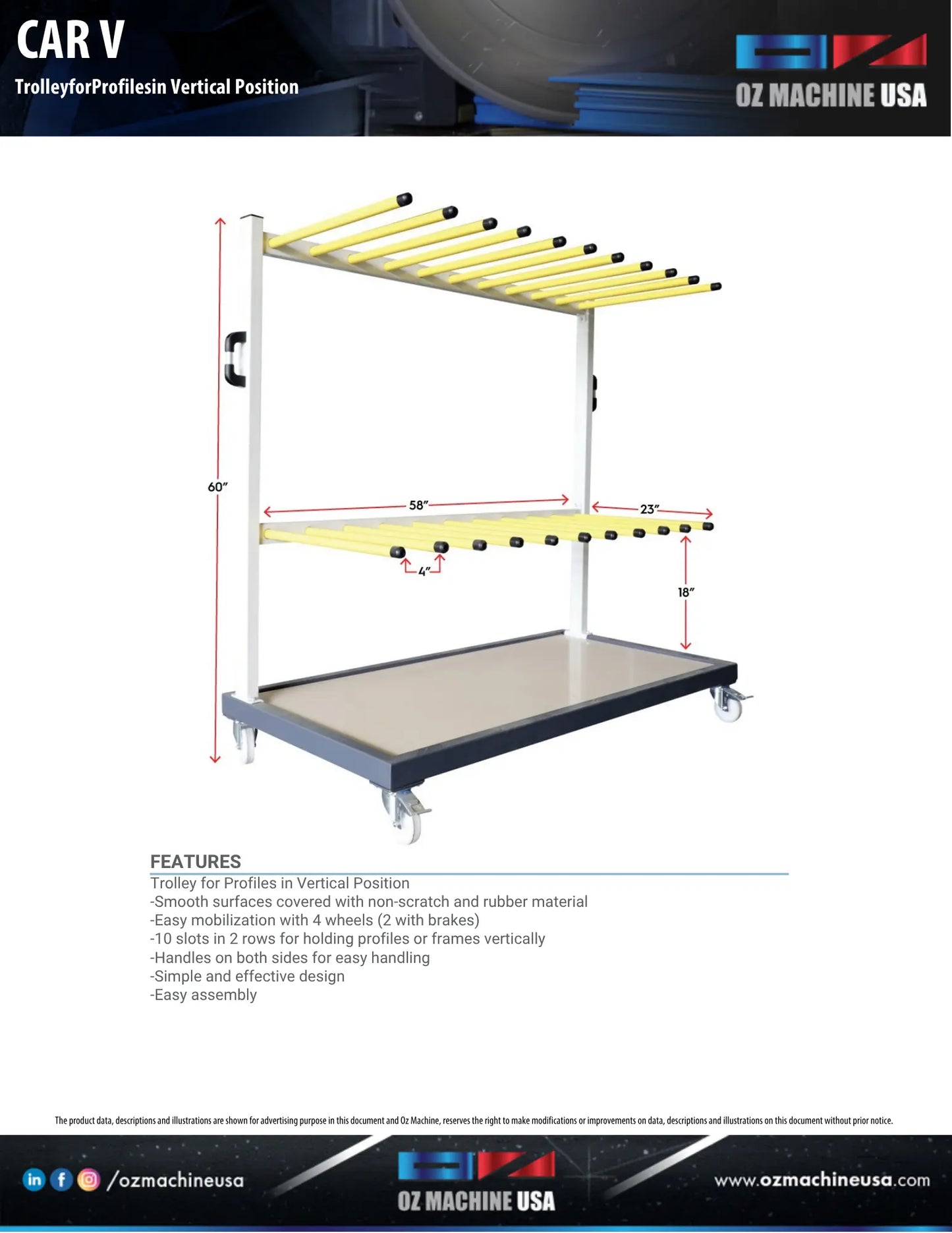 Cart V Trolley for Profiles in Vertical Position OZ Machine USA