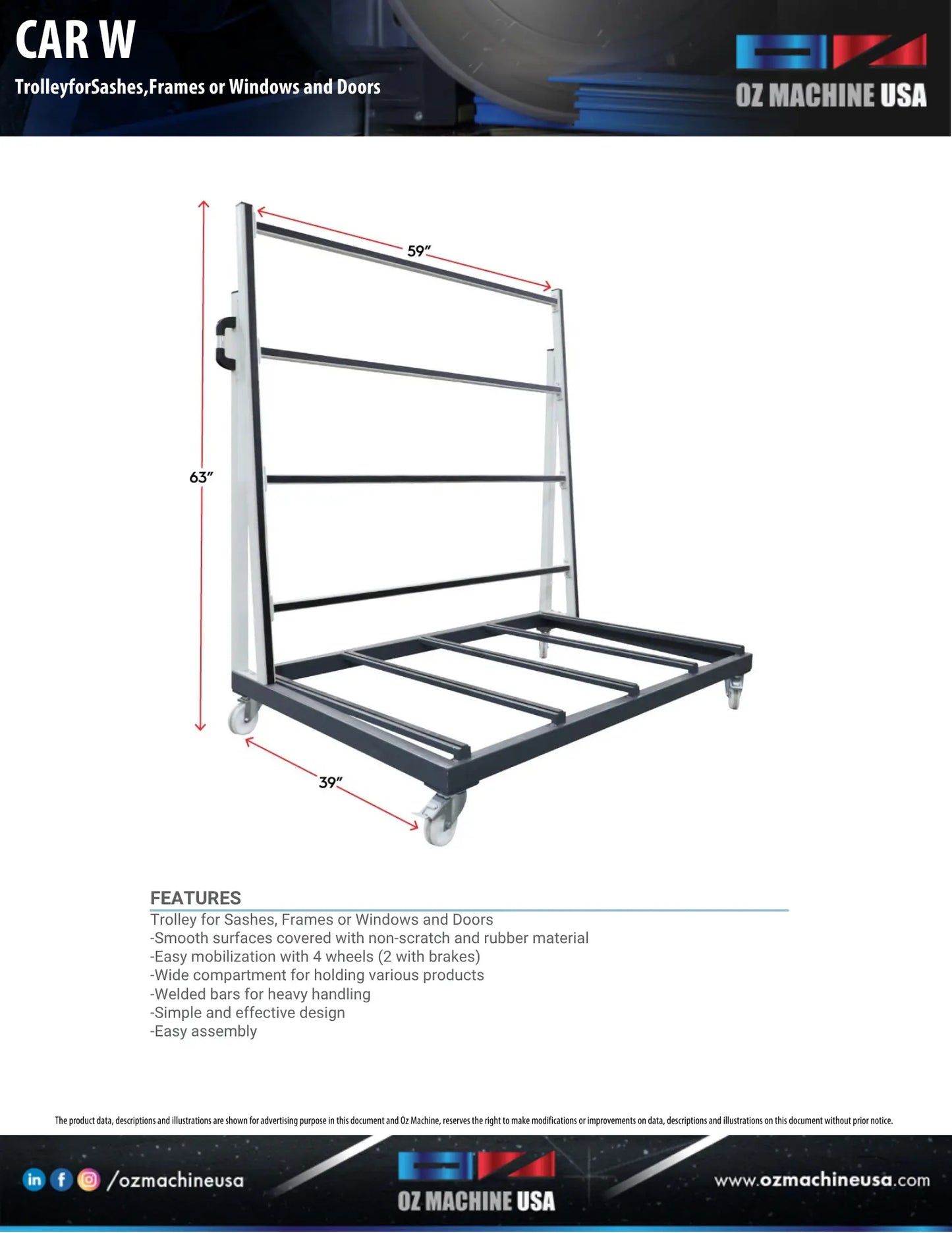 Cart W Trolley for Sashes, Frames or Windows and Doors OZ Machine USA