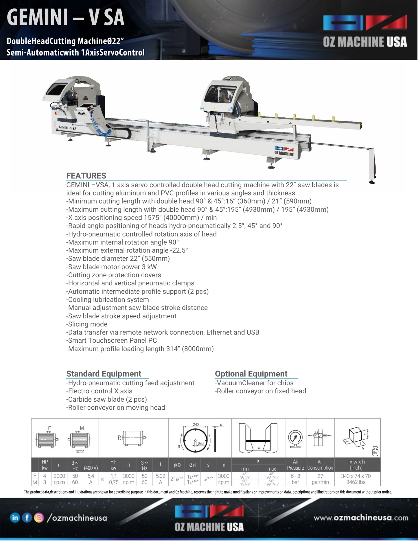 GEMINI - V SA Double Head Cutting Machine 22″ Blade – Semi-automatic with 1 Axis Servo Control