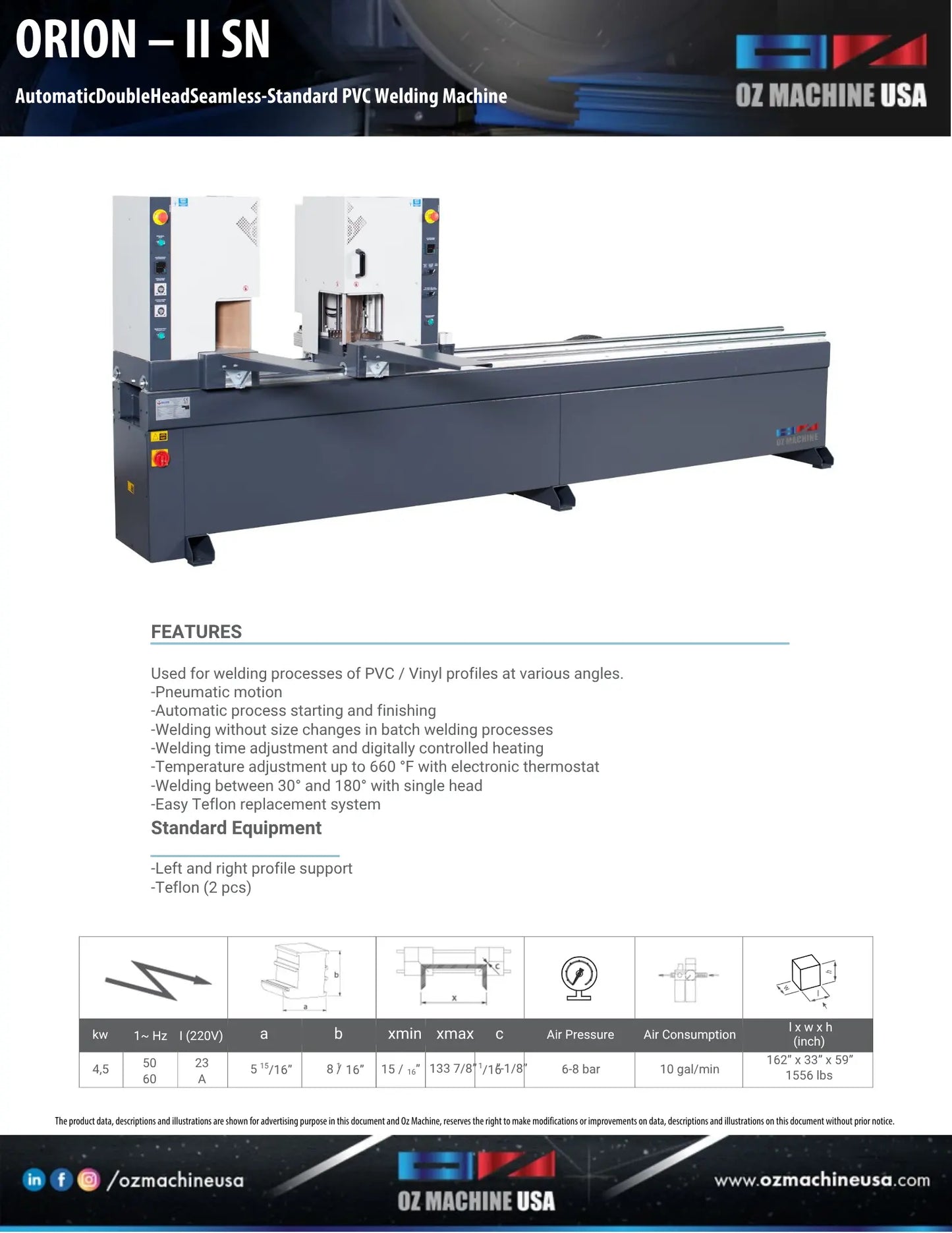ORION - II SN Automatic Double Head Seamless-Standard PVC Welding Machine OZ Machine USA